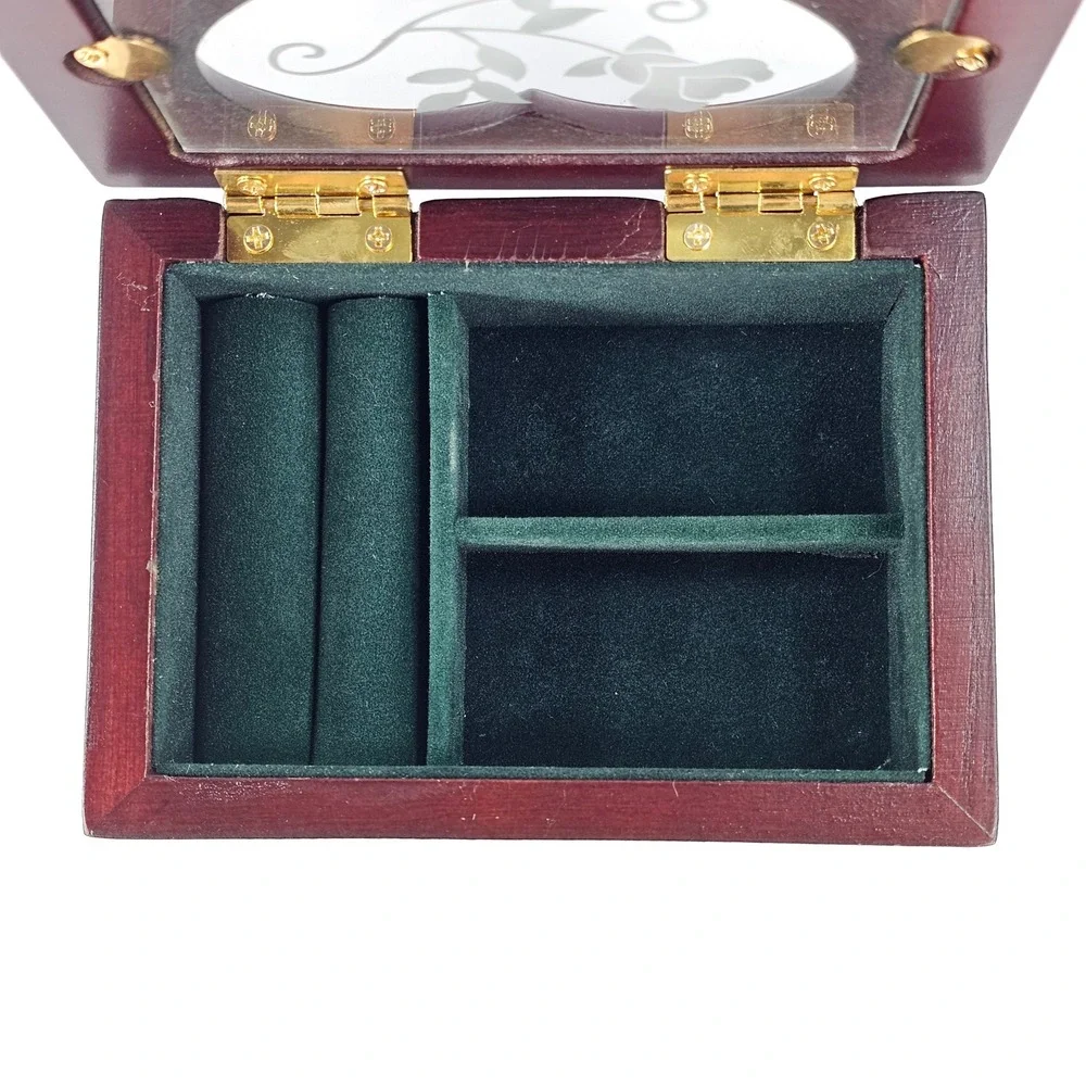 Vintage Wooden Heart Rose Etched Glass Jewelry Box Mahogany Tone Christmas 2000